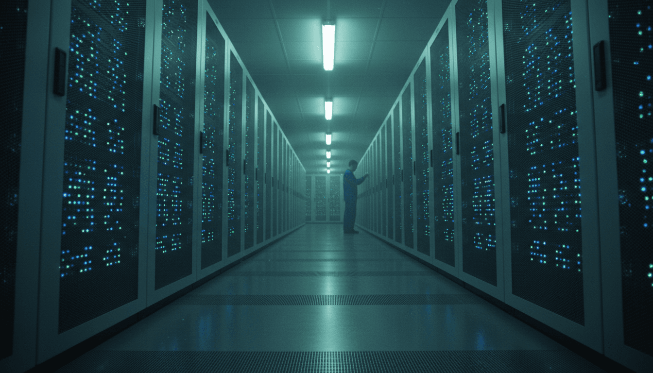 Server racks in a data center corridor with a technician in the background