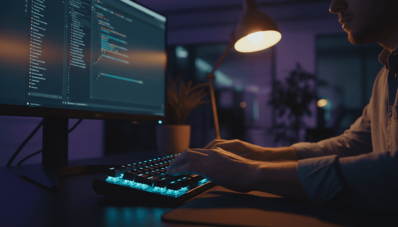 Developer's hands typing code on a mechanical keyboard in a dim office