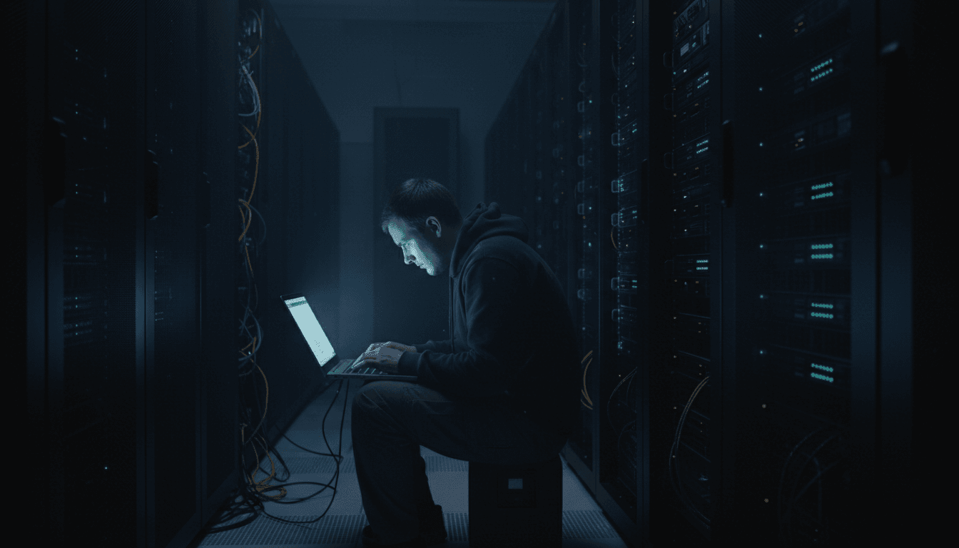 IT professional reviewing server infrastructure in a dimly lit data center