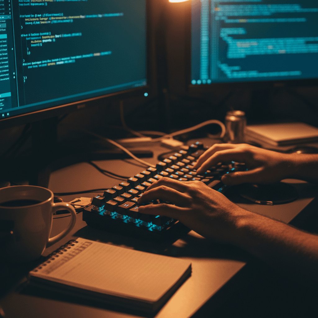 Close-up of hands typing on a laptop in a dark office with screen glow