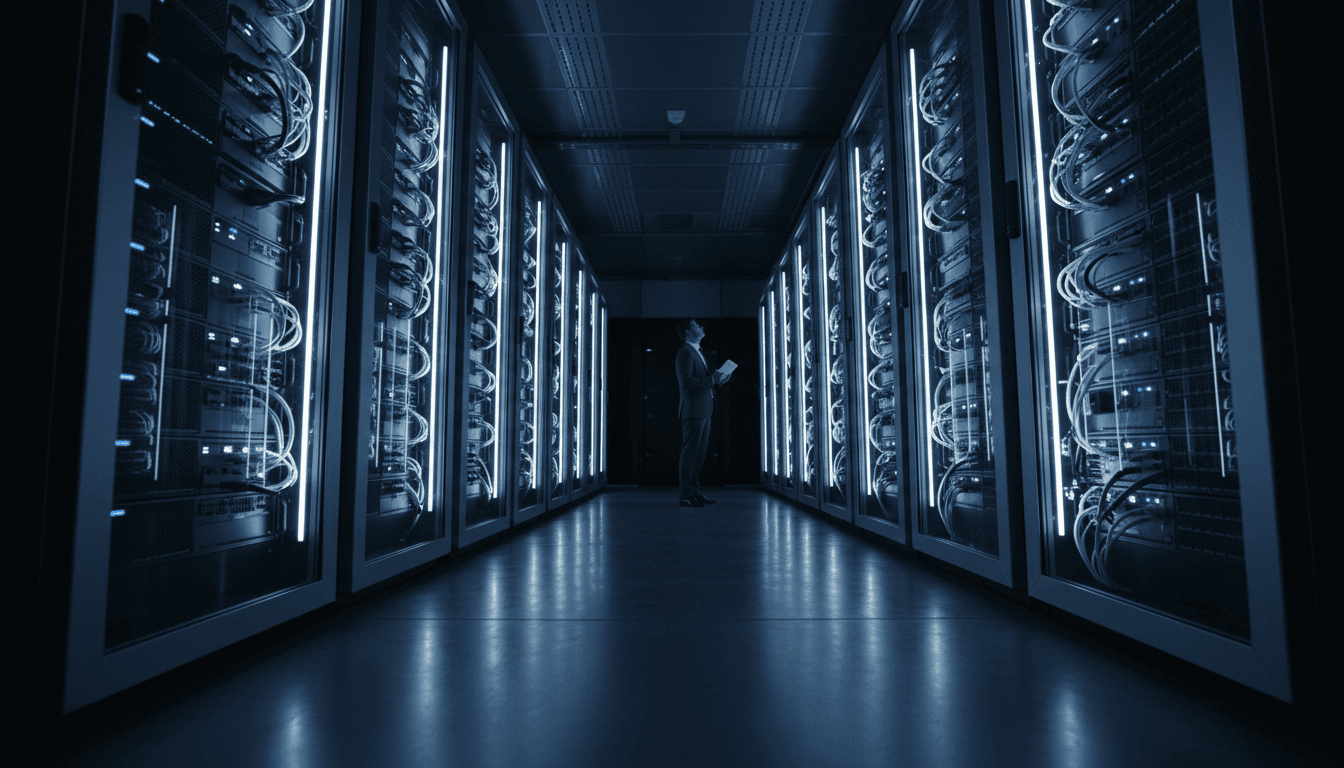 Organized server racks with network equipment