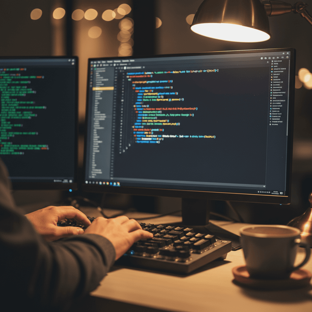 Developer writing code on multiple monitors in a dimly lit office