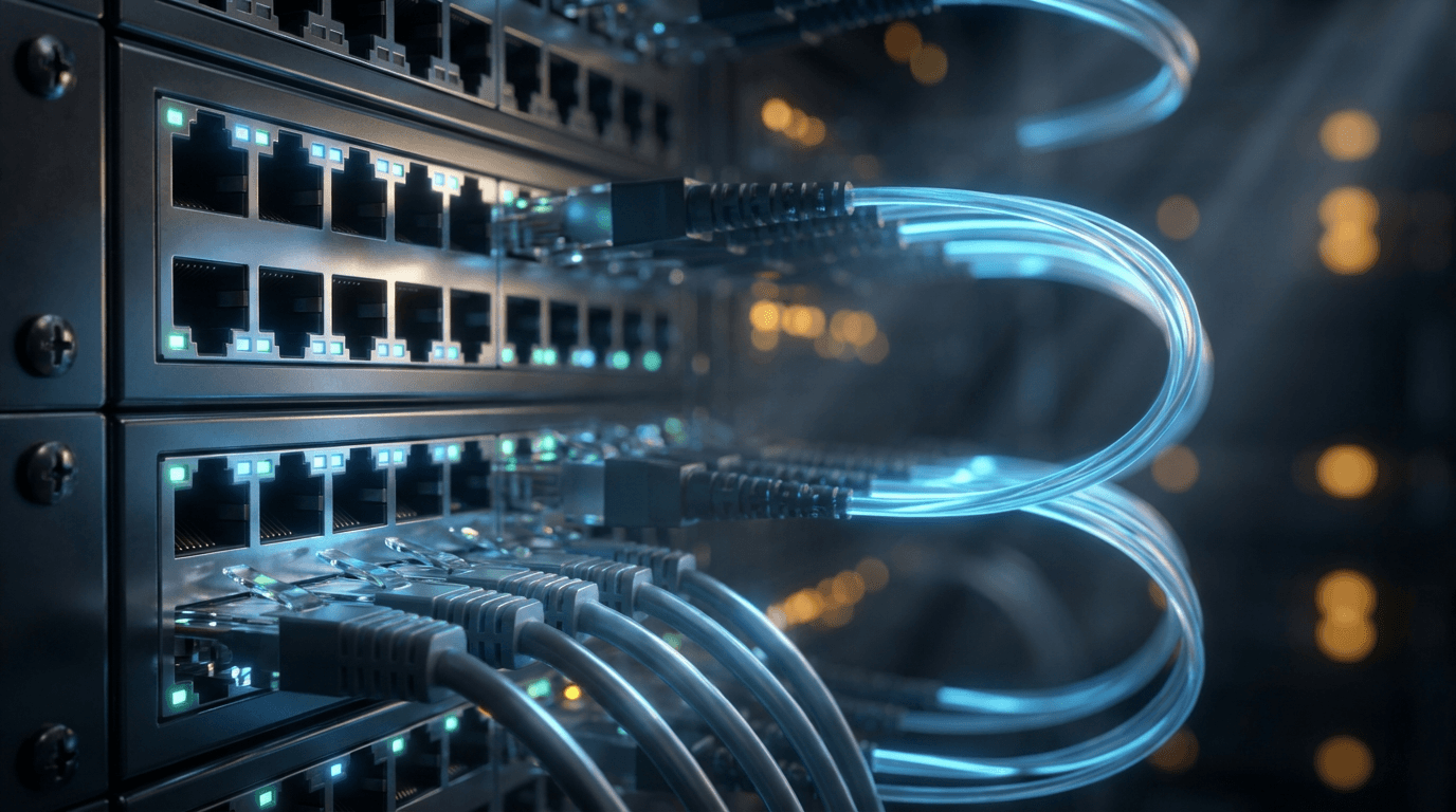 Network server rack with blinking indicator lights