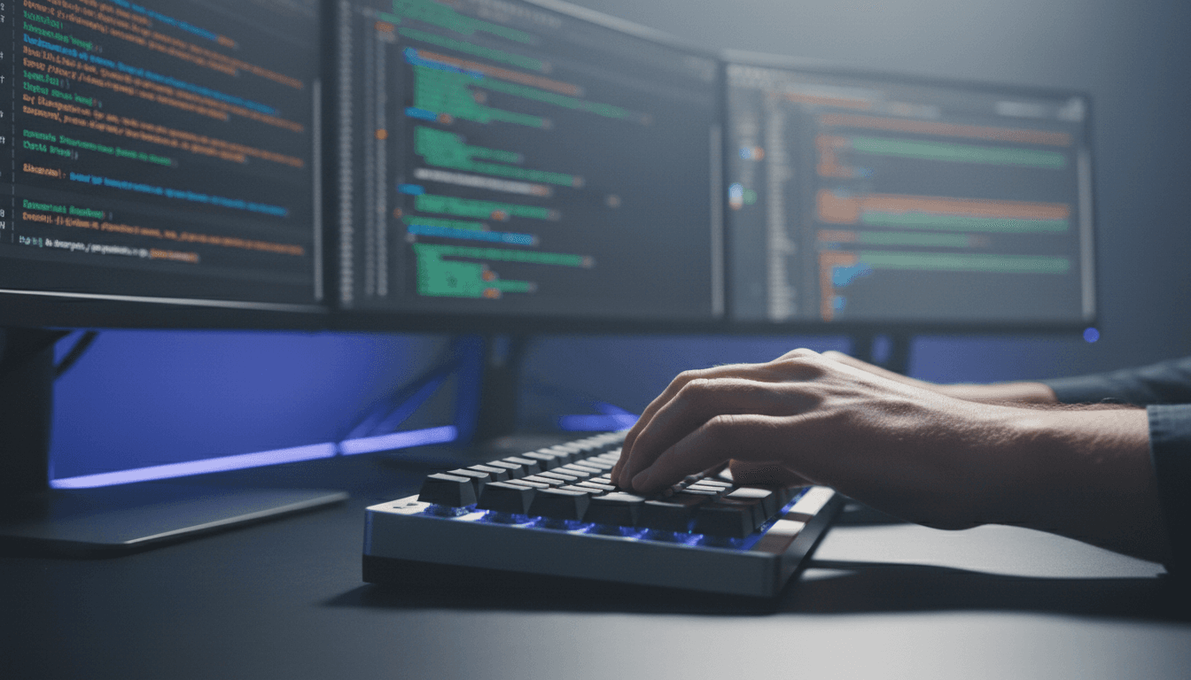 Close-up of hands typing on a keyboard with code and security dashboards on screen
