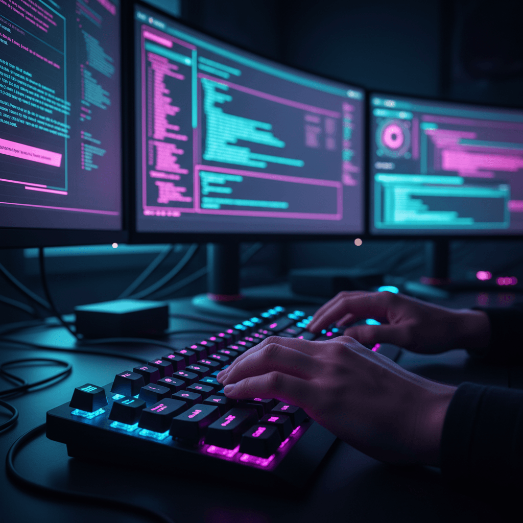 Developer working on code across multiple monitors