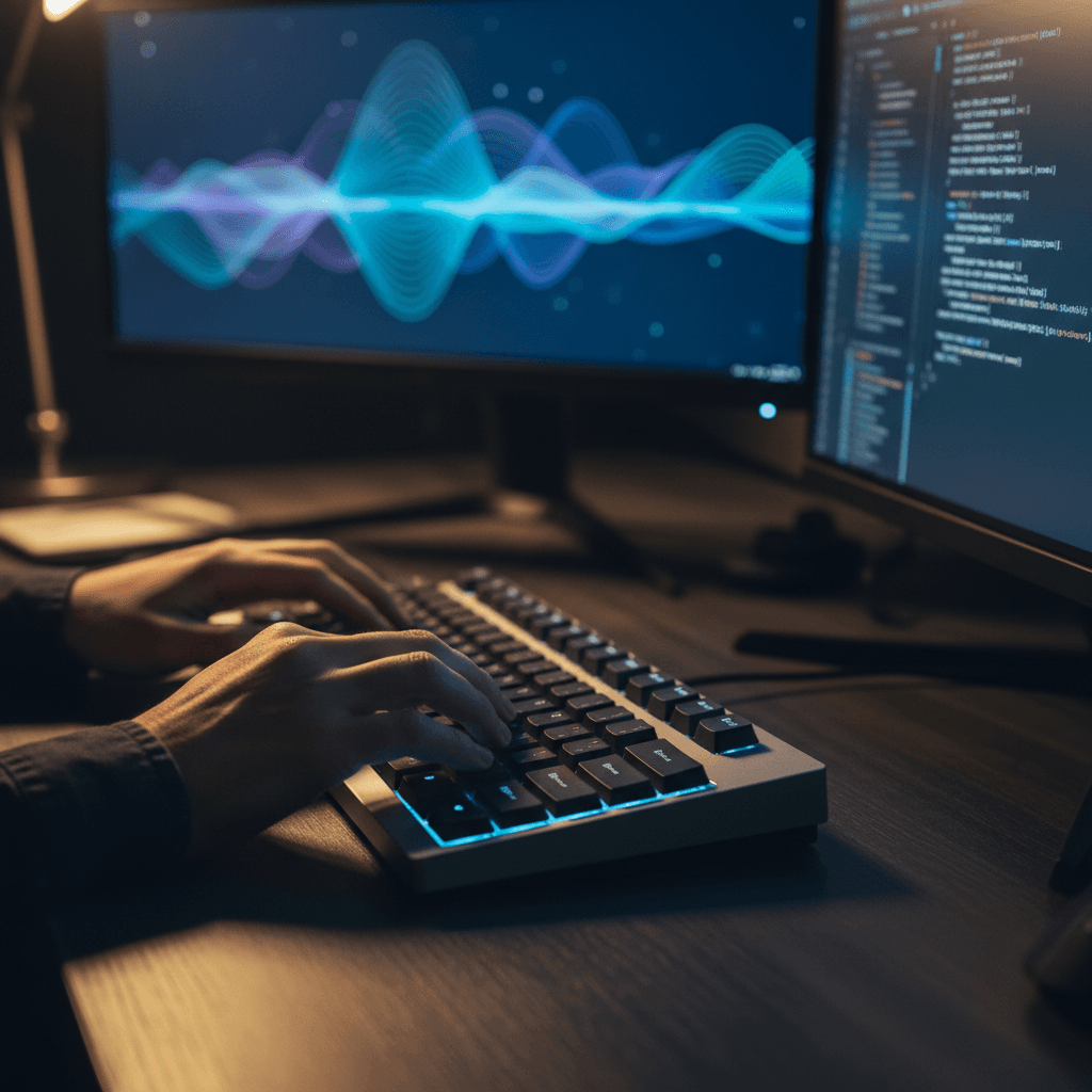 Developer typing on a mechanical keyboard in a dark office with screen glow