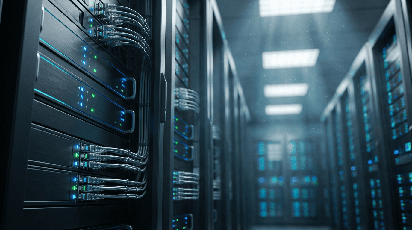 Technician inspecting a server rack in a dimly lit data center